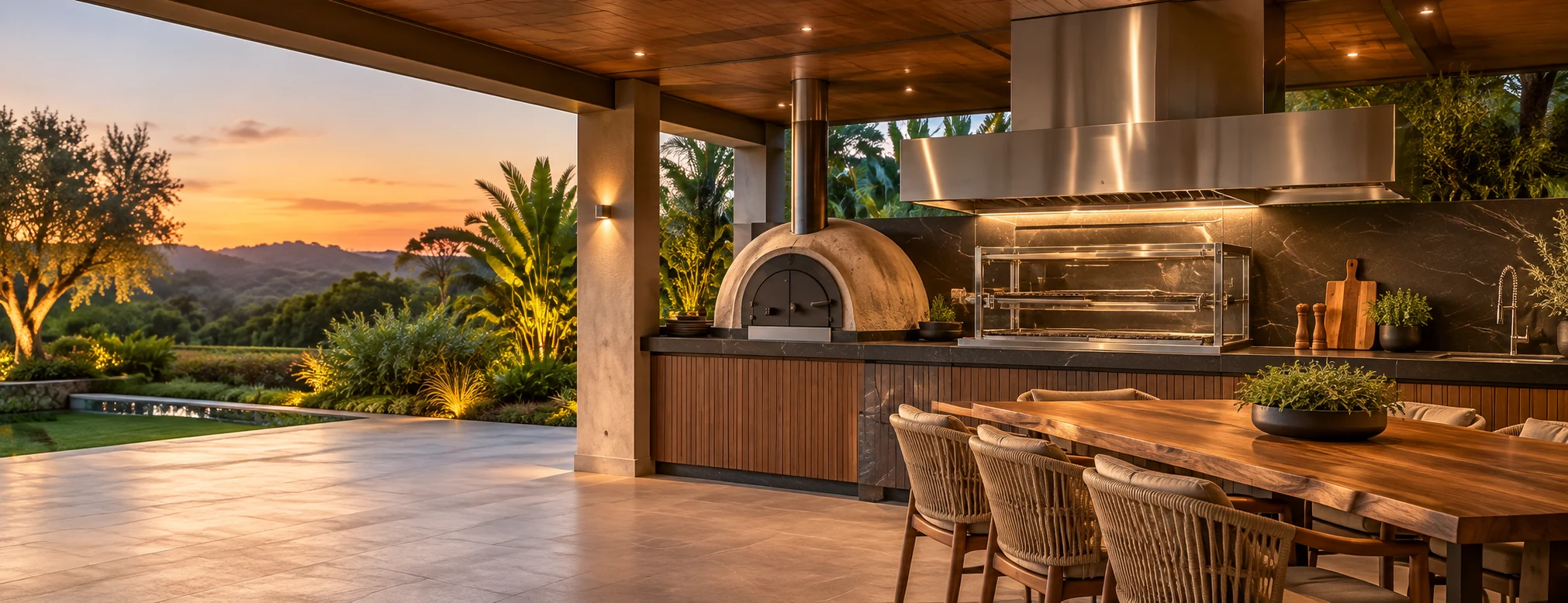 Área gourmet Viana Grill ao entardecer