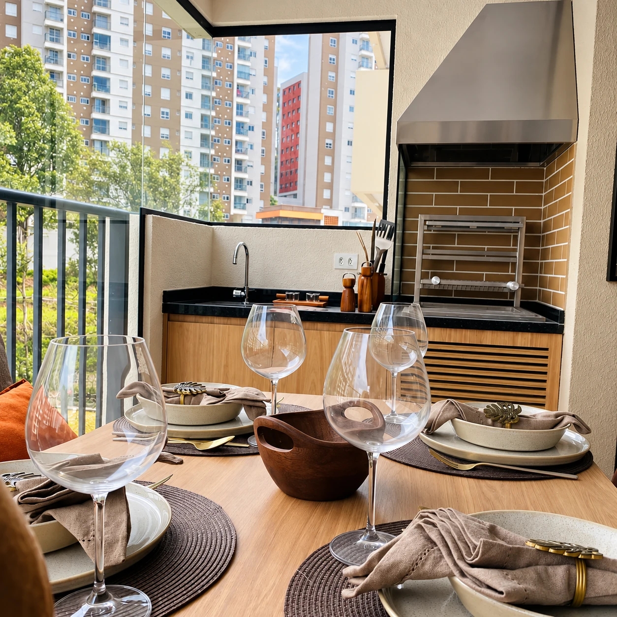 Área gourmet Viana Grill integrada à sala de jantar